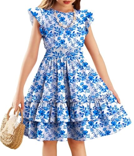 Image of Arshiner Girls Dresses Flutter Sleeve Kids Summer Cotton Casual A-Line Dress Girdle Tiered Swing Festive Dress for Girls 7-8 Years Blue Flower