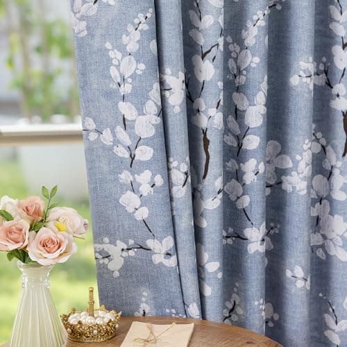 Image of Fmfunctex Blue Floral Blackout Curtains for Bedroom 90 inch Drop Eyelet Curtains for Living Room Nursary Blossom Thermal Insulated Window Curtain Panels 2 Panels White on Blue