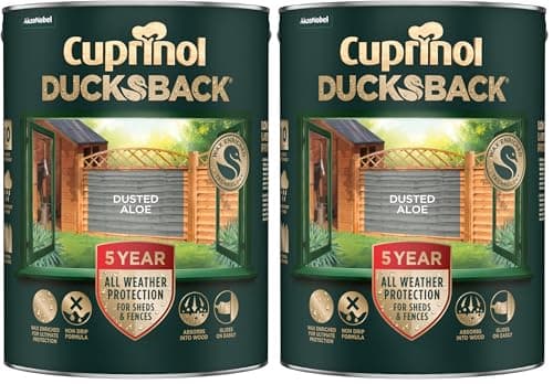 Image of Cuprinol Ducksback 5 Year Waterproof for Sheds & Fences Dusted Aloe 5 Litre (Pack of 2)