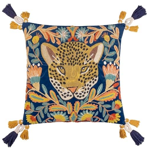 Image of Wylder Tropics Regal Leopard Embroidered Velvet Cushion Cover, Royal Blue