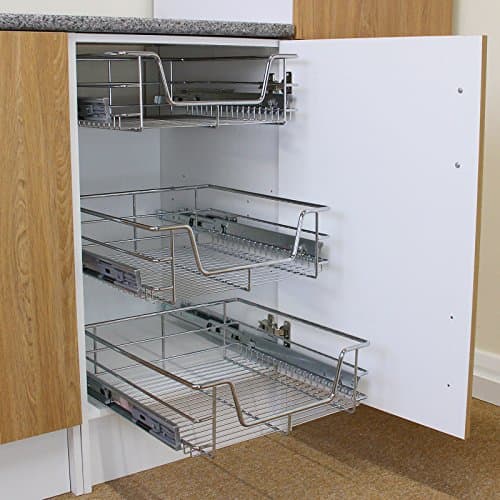 Image of KuKoo 3 x Kitchen Pull Out Soft Close Heavy Duty Baskets, 400mm Wide Cabinet, Slide Out Wire Storage Drawers, Pull-Out Organiser Metal