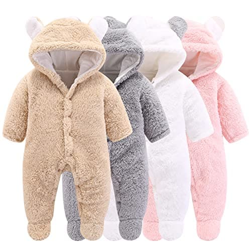 Image of Winmany Newborn Baby Cartoon Bear Snowsuit Winter Coat Fleece Hooded Romper Jumpsuit (3-6Month, Khaki)