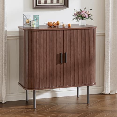 Image of BonVache Sideboard, Buffet Storage Cabinet for Living Room, Kitchen Cupboard with Tambour Sliding Door, Storage Unit for Modern Home Dinning Room,Walnut