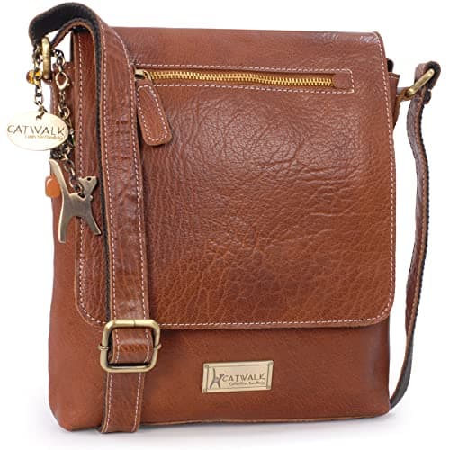 Image of Catwalk Collection Handbags - Women's Leather Anti Theft Crossbody Bag - Medium Messenger Bag - Adjustable Shoulder Strap - Anja - Tan
