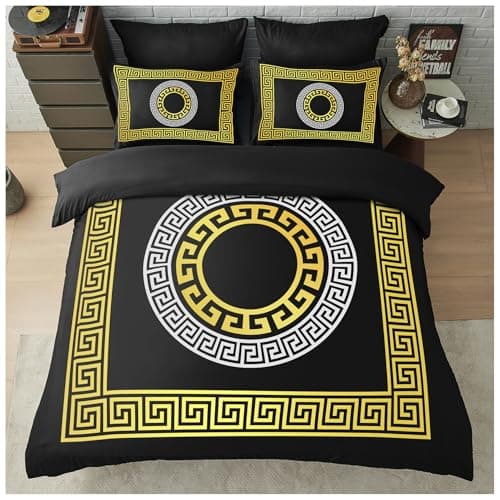Image of GC GAVENO CAVAILIA Greek King Size Duvet Cover Sets - Microfibre Geometric Bedding Sets with Pillowcases - Durable & Easy Care Quilt Covers - Soft Duvet Comforter Cover, Black/Gold