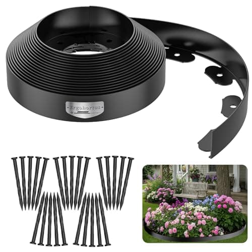 Image of Ergohortus Lawn Edging, 10m Garden Edging Border with 30 Pegs, Plastic Garden Borders Edging with 4.6cm High, Flexible for Grass Edging, Flower Beds Edging, Lawns and Pathway, Black
