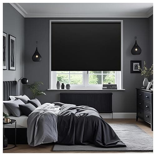 Image of Thermal Insulated Blackout Fabric Roller Blinds, Easy Fit Room Darkening Shades Fittings Included Black (Width 90cm x Length 165cm, Thermal Blackout, Black) (BK004)