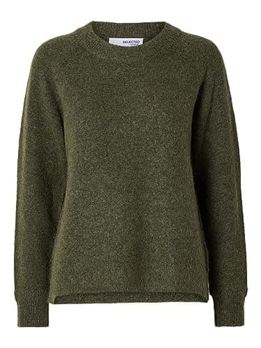 Image of SELECTED FEMME BLACK Women's SLFLULU LS Knit O-Neck B NOOS Pullover Sweater, Kalamata/Detail:Melange, M
