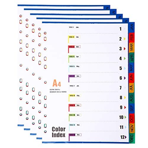 Image of A4 File Dividers 12 Part Index Jan-Dec (5 Pack) A4 Plastic Subject Dividers, Multi-Punched 11-Hole Assorted Colours Month Index Divider Tabs for School Office Home