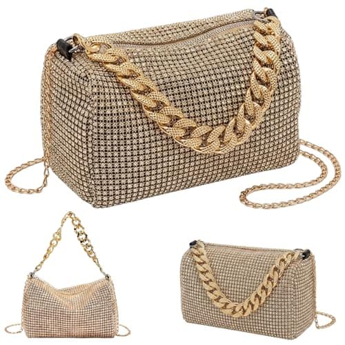 Image of Champagne Clutch Bag, Elegant Gold Handbags for Women, Luxury Evening Accessory with Full Diamond Chains, Perfect for Parties and Formal Events, Elegant Gold Bags for Women with Timeless Design