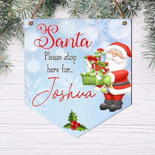 Image of Personalised Santa Please Stop Here' Hanging Plaque - Delightful Blue Santa Design, Custom Name Included - Handcrafted Wooden Christmas Decoration (Blue Santa Design)