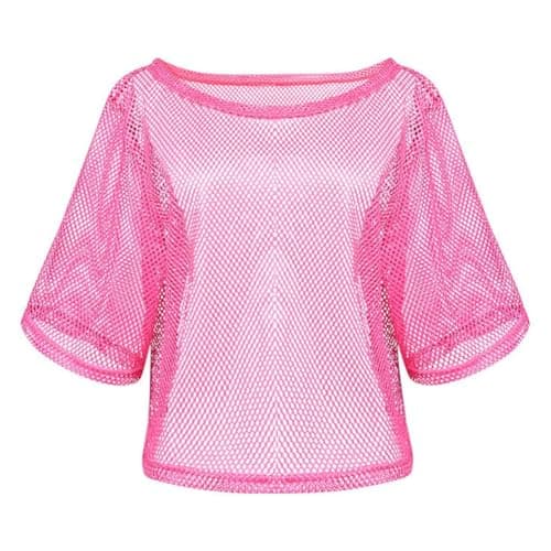 Image of Aomig 80s Neon Fishnet Mesh T-Shirt, 1980s Neon Fancy Dress Costume for Women Girls, Women Sexy Casual Top for 1980s Retro Theme Party
