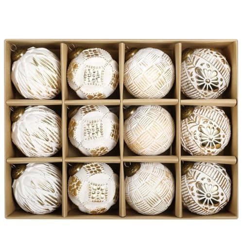 Image of SVNVIOZ White Gold Christmas Baubles Decorations, 12Pcs 8cm Christmas Ball Ornaments Set, Shatterproof Xmas Tree Balls
