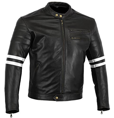Image of Bikers Gear The Rocker Motorcycle Black Leather Cafe Racer Jacket CE1621-1 PU Armour, White, UK 40 EU 50 Large