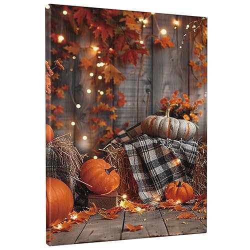 Image of Autumn Pumpkin Canvas Wall Art, Orange Black Plaid Prints, Seasonal Halloween Decor for Living Room, Kitchen, Entryway,LED Lights 12x16 Inch