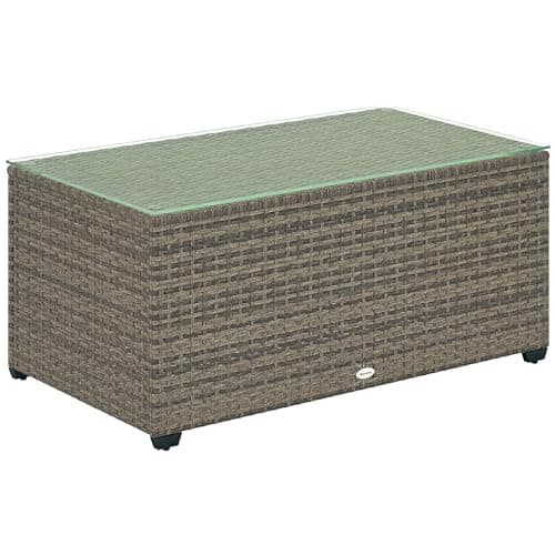 Image of Outsunny Outdoor Coffee Table, PE Rattan Side Table with Tempered Glass Top, Wicker Rectangular Garden Coffee Table End Table with Steel Frame for Patio, Balcony, 90 x 50 x 38cm, Dark Grey