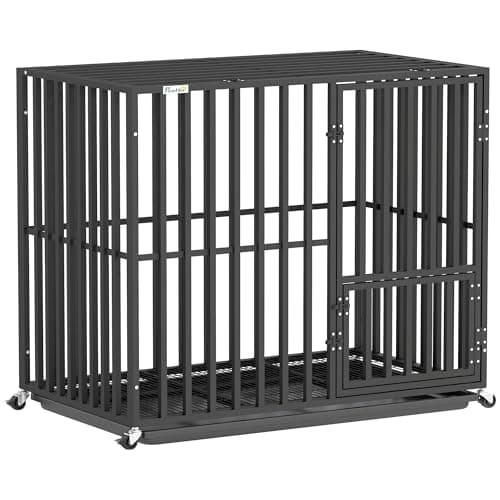 Image of PawHut Heavy Duty Dog Crate, Dog Cage with Wheels for Small Medium Breeds, Metal Pet Crate with Removable Tray and 3 Doors for Indoor & Outdoor, 95 x 57 x 81 cm, Black