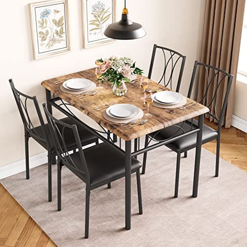 Image of 5-Piece Wood Dining Table Set for 4, Rectangular Kitchen Table Set with 4 Upholstered Chairs, Space-Saving Metal & Wood Dining Table Set for Apartment, Studio, Kitchen, Small Space, Rustic Brown