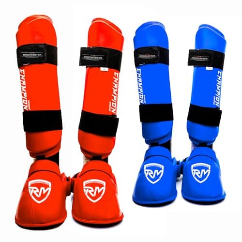 Image of RingMaster Karate Shin Pads Instep Guard Martial Arts WKF Styled Leg Protector (Red, Small)