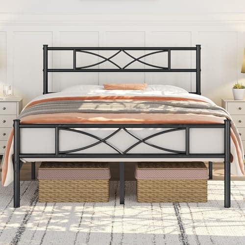 Image of Yaheetech 4ft6 Double Bed Frames Metal Slatted Bed Platform with Curved Design Headboard and Footboard, Under-bed Storage, No Box Spring Needed, 12 Built-in Steel Slats, Black