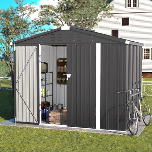 Image of UDPATIO Metal Outdoor Storage Shed 8FT x 6FT, Outside Lockable Garden Shed Steel Anti-Corrosion Outdoor Storage House with Lockable Door for Trash Can, Bike, Backyard Garden Patio, Dark Grey