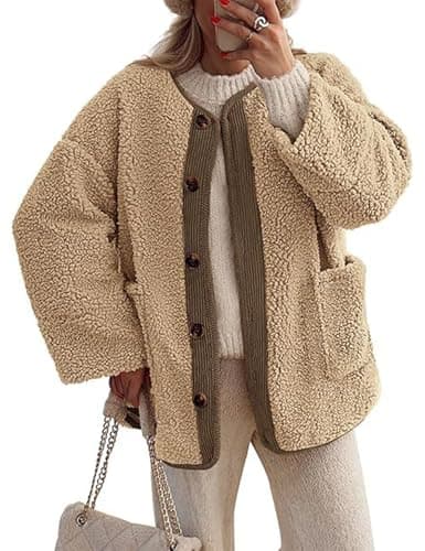Image of Kissonic Womens Fuzzy Sherpa Fleece Jackets Button Down Long Sleeve Corduroy Patchwork Outwear with Pockets, Khaki, L