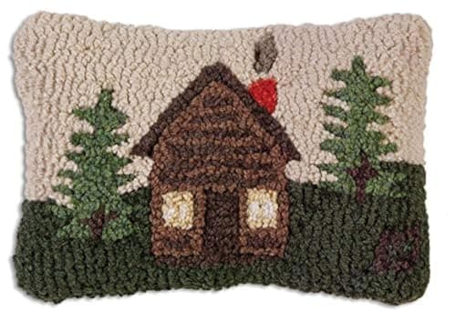 Image of Chandler 4 Corners Artist-Designed Rocky Hill Cabin Hand-Hooked Wool Decorative Throw Pillow - Lake & Lodge Pillow for Couches & Beds - Easy Care & Low Maintenance Lake House Cabin Pillow