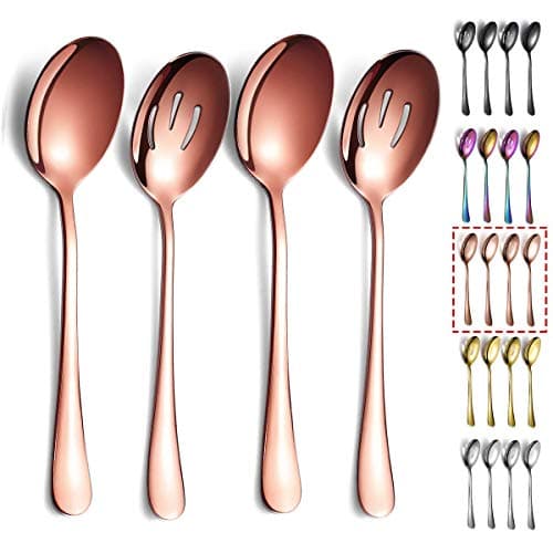 Image of Rose Gold Serving Spoons 4 Pieces, Kyraton Titanium Plating Serving Spoon, Include 2 Serving Spoon and 2 Slotted Spoons, Stainless Steel Serving Utensils, Serving Set Packing of 4