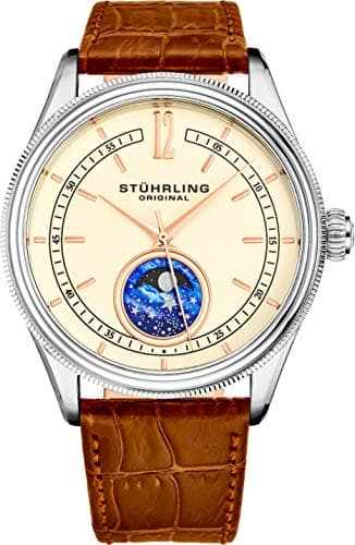Image of Stuhrling Original MoonPhase Dress Watch - Stainless Steel Case and Leather Band - Analog Dial - Celestia Mens Watches Collection