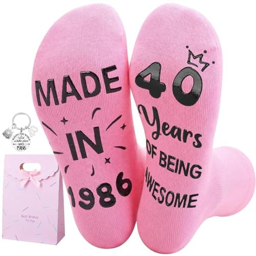 Image of Zuimei 40th Birthday Gifts for Women Personalised 40 Year Old Socks with Keyring and Present Bag 1986 Birthday Gifts for Her Lady Present for Mum Auntie Wife Teacher Sisters Friends