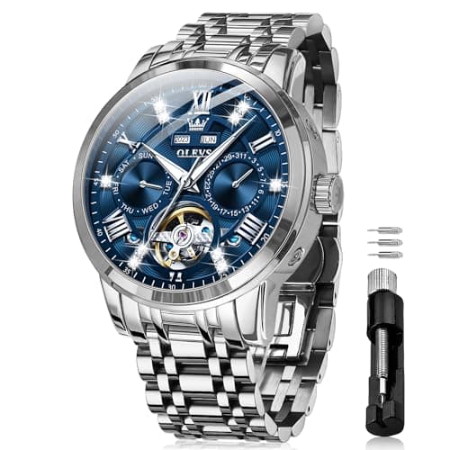 Image of OLEVS Automatic Watches for Men Self Winding Mechanical Skeleton Luxury Dress Stainless Steel Diamond Men Wrist Watches