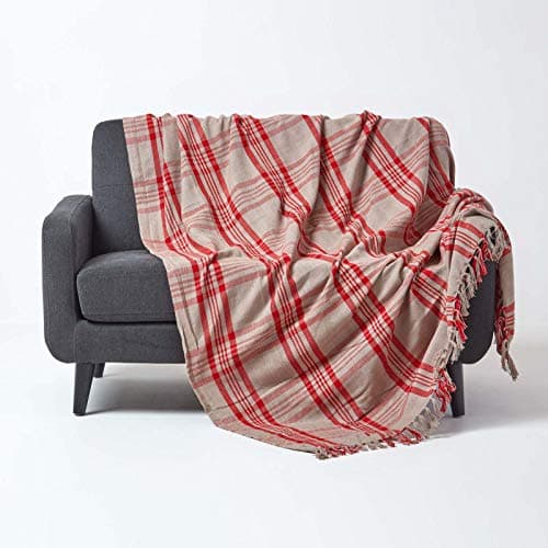 Image of HOMESCAPES Medium Grey & Red Tartan Throw 60 x 80 Inches or 152cm x 203cm, 100% Cotton Sofa throw for Most 2 Seater Settees and Sofas