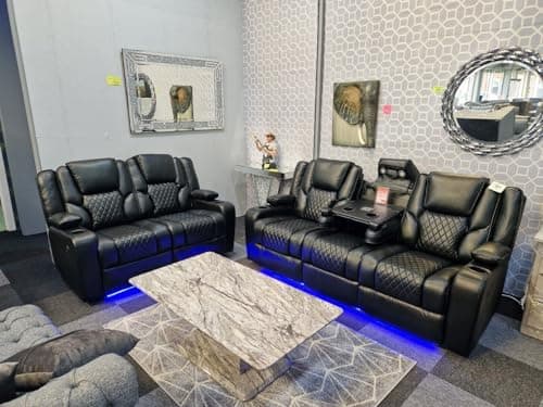 Image of Orlando - Electric Recliners Sofa With Cupholders - 3+2 Seater Sofa Grey/LED Lights/Wireless Charging (Black, 3+2 Seater)