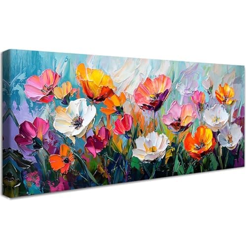 Image of Wooden Framed Canvas Wall Art Spring Corlorful Flowers Painting on Canvas Prints Poster Bontanical Flowers Floral Pictures for Living Room Bedroom Home Office Wall Decoration 50x120cm/20x48 inch
