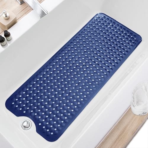 Image of TEESHLY Bath Tub and Shower Mats, Non Slip 40 x 16 Inch Extra Large Bathtub Mat, Machine Washable Bathmat with Drain Holes, Suction Cups for Bathroom Floor (Navy Blue)