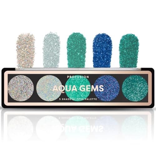Image of Profusion Cosmetics 5 Shade Glitter Eyeshadow Palette - Vibrant Pressed Pigments with Built-In Primer and Dazzling Shine for Long-Wearing Sparkle Makeup Looks (Aqua Gems)
