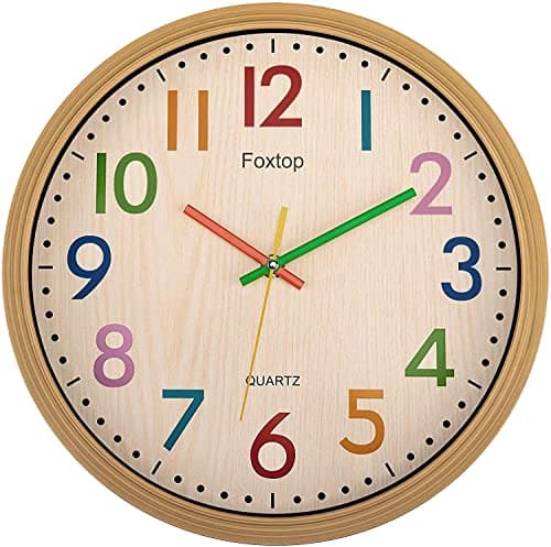 Image of Foxtop Kids Learning Wall Clock Without Ticking Noises,12 Inch Analogue Children's Clock for Learning the Time,Easy Reading Children's Room Decoration Colourful Design