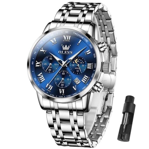 Image of OLEVS Men Multifunction Watch, Multi Dial Waterproof Luminous Chronograph Men's Watch with Date Gift for Men,Stainless Steel Watches for Men,Classic Men Wrist Watch, sliver band blue face-5529G, ROUND