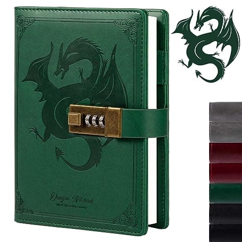 Image of Dragon Leather Journal, Hardcover Notebook, Locked Refillable Diary, Lined/Blank Paper Writing Journals with Combination Lock for Men Women Child (Green)