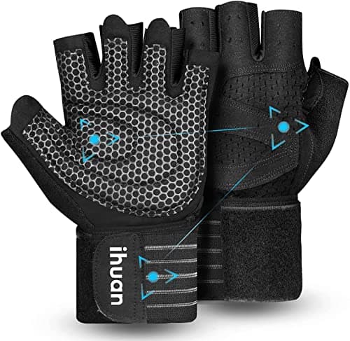 Image of ihuan Ventilated Weight Lifting Gym Workout Gloves with Wrist Wrap Support for Men & Women, Full Palm Protection, for Weightlifting, Training, Fitness, Hanging, Pull ups (Medium, Black)