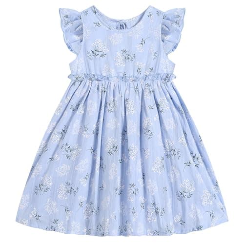 Image of Csbks Toddler Baby Girls' Cotton-Linen Sundress with Ruffle Halter Sleeveless and Swing Dress Blue Floral 100