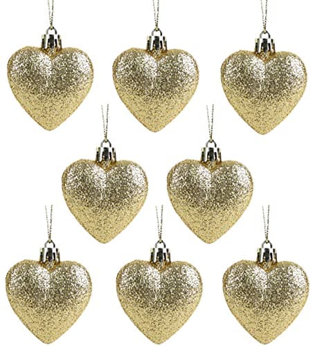 Image of Christmas Concepts® Pack of 8-60mm (2.4") Heart Shaped Christmas Tree Baubles – Glitter Decorated Baubles (Gold)
