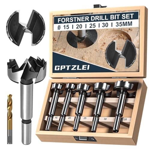Image of GPtzlei Forstner Drill Bit Set 6 Pieces 15 20 25 30 35mm with Pilot Bit - HSS Woodworking Drill Bits for Door Hinge & Cabinet Making, Flat Bottom Holes - Fits Hand Drills & Drill Presses