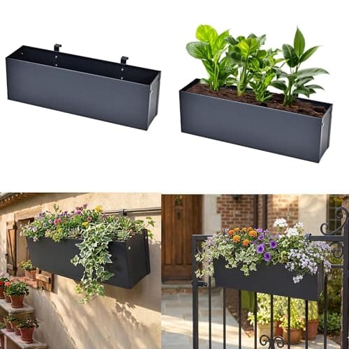 Image of DWD Hanging Flower Planter Box Trough Modern Powder Coated Galvanised Steel Anthracite Grey Matches Wheelie Bins Storage, Hang on Slatted Door, Fence Balcony Gate Privacy Screens 50cmW x 12cmD x 15cmH