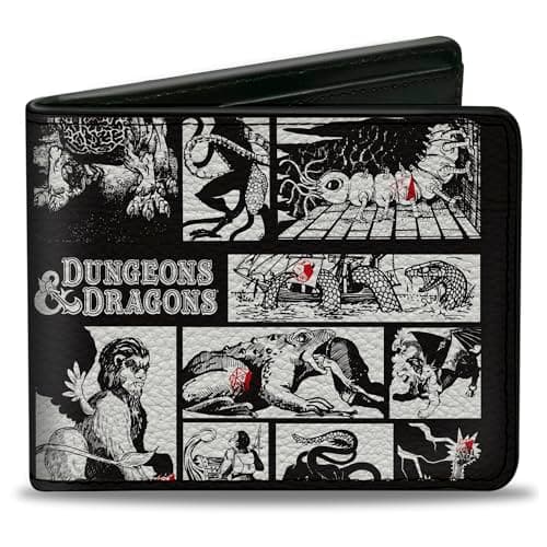 Image of Wizards of the Coast Wallet, Bifold, Dungeons and Dragons Monster Illustration Blocks Black White, Vegan Leather, Black, 4.0" x 3.5", Casual