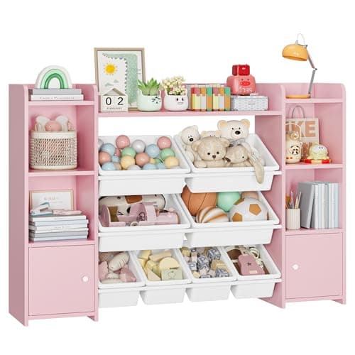 Image of FOREHILL Toy Storage Unit Children's Bookcase Kids Storage Unit Toy Organiser with 8 Removable Boxes and Storage Shelves for Playroom Bedroom Living Room Pink