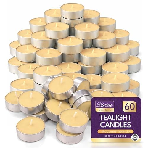 Image of SOL 60pk Indulgent Vanilla Scented Tea Light Candles Long Burning – 3.5 Hour Burn Time, Ideal for Home, Relaxation, Massage, Romantic Dinners, Weddings & Anniversaries, Festive Decor & Cosy Evenings