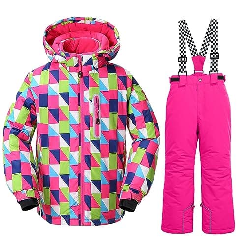 Image of WOWULOVELY Girls Thicken Warm Snowsuit Hooded Ski Jacket Pants 2 Pcs Set Skiing Jacket with Pants, 09 Rose, 8