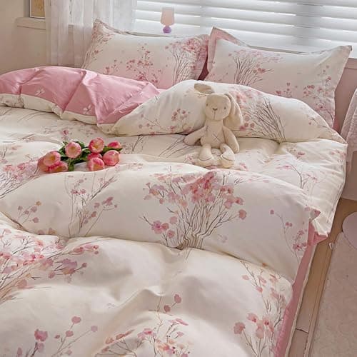 Image of Covebett Double Duvet Cover Sets White Pink Flowers Cherry Blossom Floral Reversible Microfibre Bedding Set 3pcs Botanical Aesthetic Quilt Cover 200x200 with Zipper Closure and 2 Pillowcase 50x75 cm