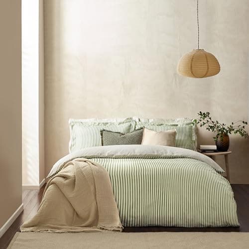 Image of furn. Yard Hebden 100% Cotton Stripe Duvet Cover Set – Reversible Striped Bedding (Forest, Double)
